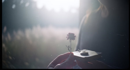 Girl holding a gift box with a flower on the background of the fieldの素材