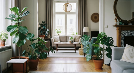 Interior of a modern living room with green plants in pots.の素材