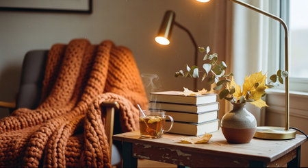 A cup of tea, books and autumn leaves on the table.の素材