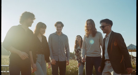 Group of young people walking in the park on a sunny day.の素材