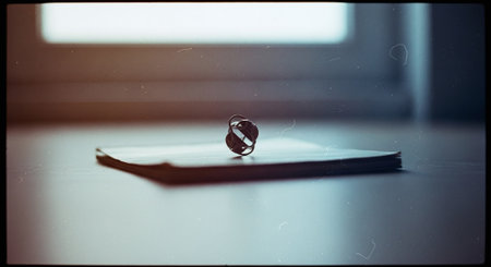 Notepad with ring on the table, close-up of photoの素材