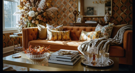 Luxury interior of living room with sofa, coffee table and floral decorationの素材