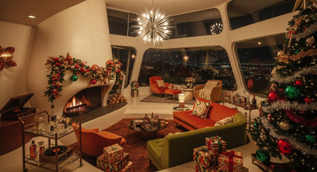 Christmas living room interior with fireplace, sofa, armchair and christmas treeの素材