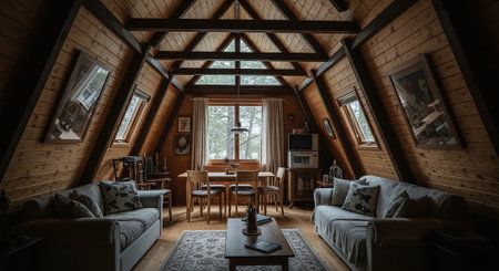 Interior of a living room in a country house with a wooden roofの素材