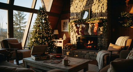 Cozy room with fireplace and christmas tree in the background.の素材
