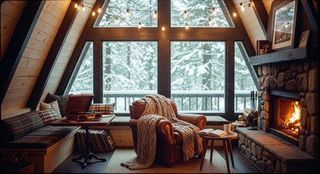 Interior of a cozy country house in the mountains. Wooden furniture and fireplace.の素材