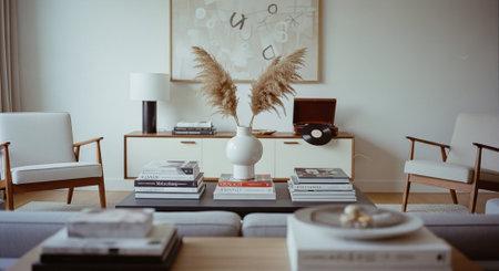 Modern living room interior design with sofa, coffee table, books, lamp and other itemsの素材