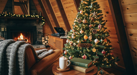 Christmas tree with presents and fireplace in the interior of a country houseの素材