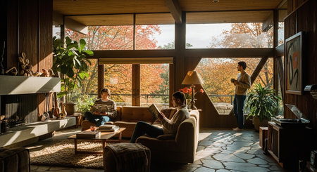 Couple reading a book in the living room at home in autumnの素材