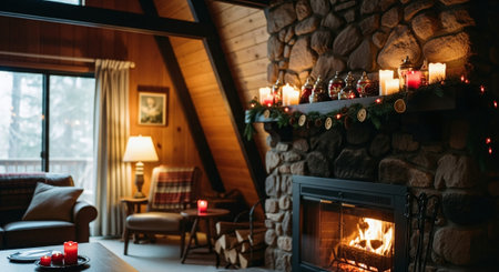 Interior of a country house with fireplace and Christmas decorations. Cozy living roomの素材