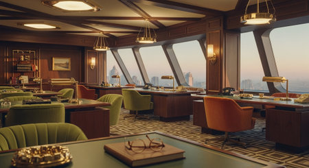Interior of a luxury cruise ship with a view of the cityの素材