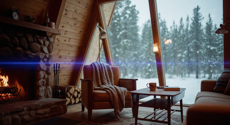 Interior of a wooden house in the forest. Winter evening.の素材