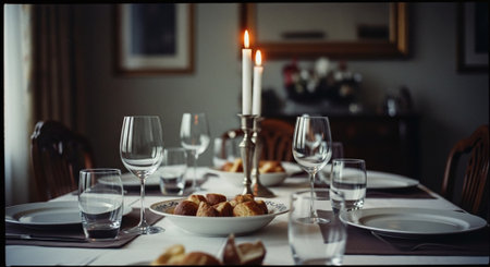 Elegant table setting with wine glasses, candles and croissantsの素材