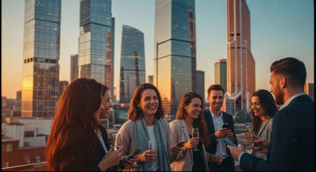 Group of business people having a meeting in front of skyscrapersの素材