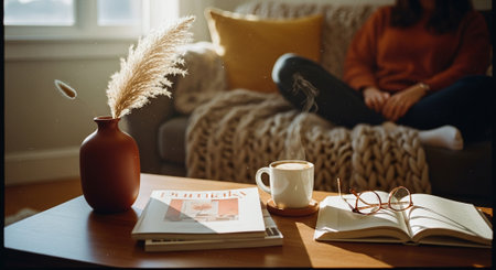 A cup of coffee and a book on the table in the living roomの素材