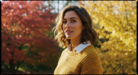 Portrait of a beautiful young woman in a yellow sweater on a background of autumn park.の素材