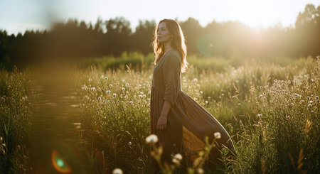 Beautiful young woman in a long dress in the field at sunsetの素材