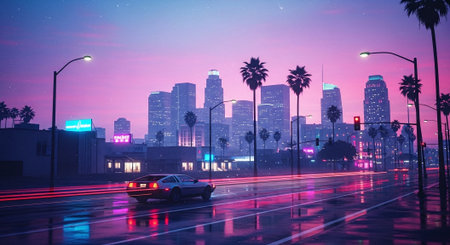 Downtown Los Angeles at night, California, United States of Americaの素材