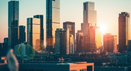 Cityscape of modern city with skyscrapers at sunset time.の素材