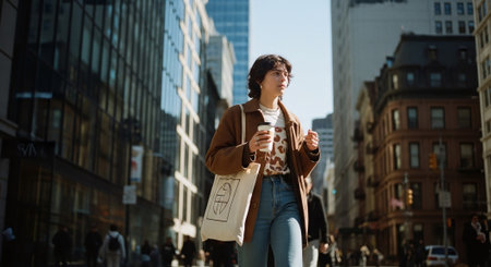 Beautiful young woman walking in the city with paper cup of coffeeの素材
