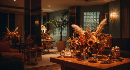 Interior of a luxury hotel room with a lot of furniture and flowersの素材