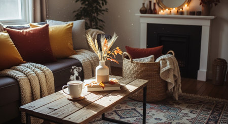 Cozy living room with sofa, coffee cup, pillow and knitted blanketの素材
