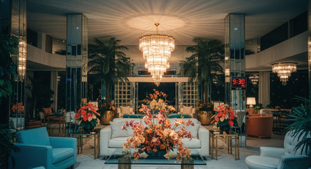 Luxury hotel lobby interior with tables and sofas.の素材