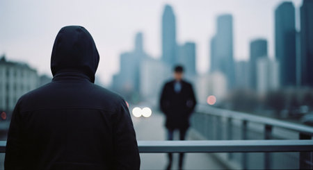 Man in a hooded jacket standing on a bridge and looking at the cityの素材