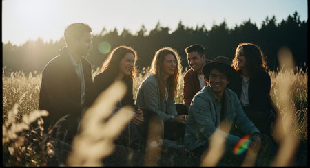 Group of friends sitting on grass in the field and looking at cameraの素材