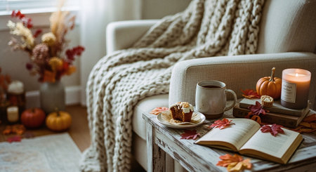 Cozy home interior with a cup of coffee, a book, candles, autumn leaves and a knitted plaid.の素材