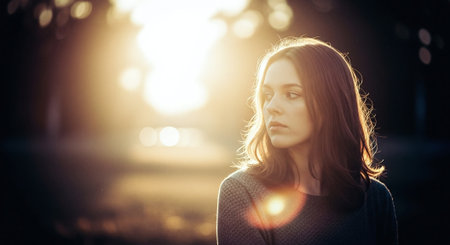 Portrait of a beautiful young woman in a park at sunset.の素材