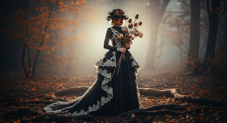 Beautiful woman in medieval dress with bouquet of flowers in autumn forestの素材