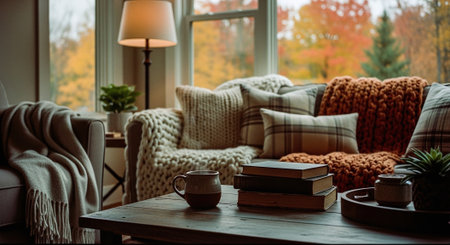 Cozy living room interior with cozy sofa, coffee cup, books and plaidsの素材