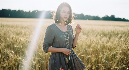 Beautiful young woman in a wheat field in the rays of the setting sunの素材