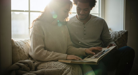 Young couple sitting on sofa in living room at home, reading magazine.の素材