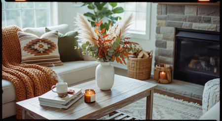 Cozy living room with candles and flowers in vase on the tableの素材