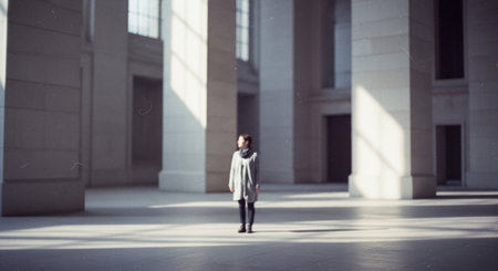Blurred photo of a young man in a gray coat walking in the cityの素材
