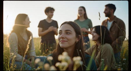 Group of friends sitting on the grass and looking at camera in the sunsetの素材