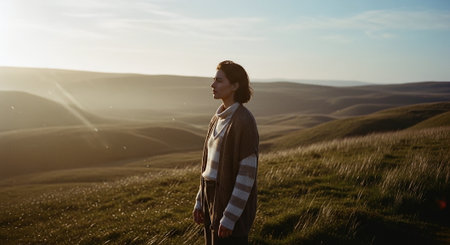 Young woman standing on top of a hill in the rays of the setting sunの素材