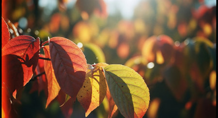 Autumn leaves in the sunlight. Beautiful natural background. Soft focus.の素材