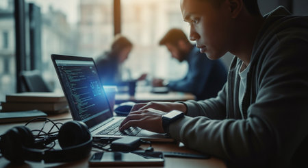 Side view of young Asian man using laptop while sitting at desk in officeの素材
