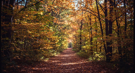 Path in the autumn forest with colorful leaves and sunbeams.の素材