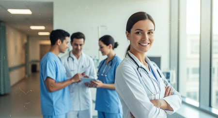Portrait of confident female doctor standing with arms crossed in hospital corridorの素材