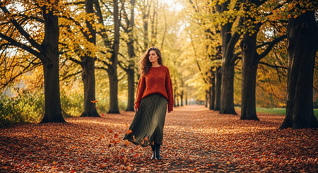Young woman walking in the autumn park. Beautiful girl in a red sweater.の素材