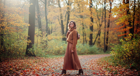 Beautiful young woman in a long brown dress in the autumn forestの素材