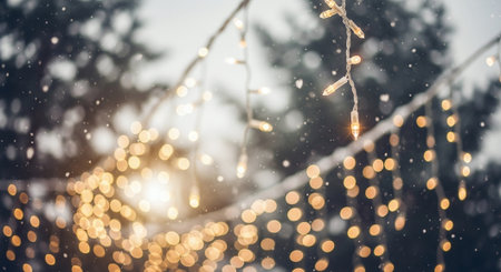Christmas lights bokeh background with snowfall and snowflakesの素材