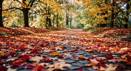 Autumnal path in the park with colorful fallen leaves on the ground.の素材
