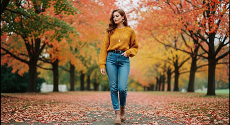 Portrait of a beautiful young woman in a yellow sweater walking in the autumn parkの素材