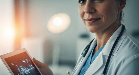 Close-up of smiling female doctor with stethoscope using digital tabletの素材