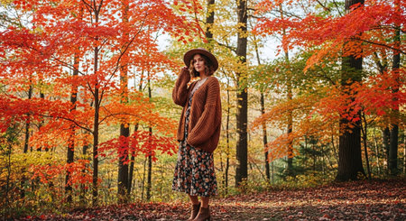 Autumn portrait of a beautiful woman in the autumn forest. Autumn fashion.の素材